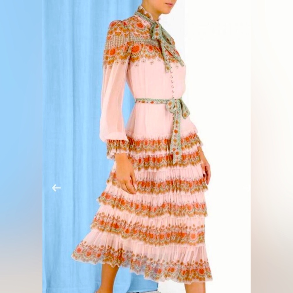 Zodiac Kaleidoscopes Tiered Frill Floral Print Crepe Midi Dress 0P